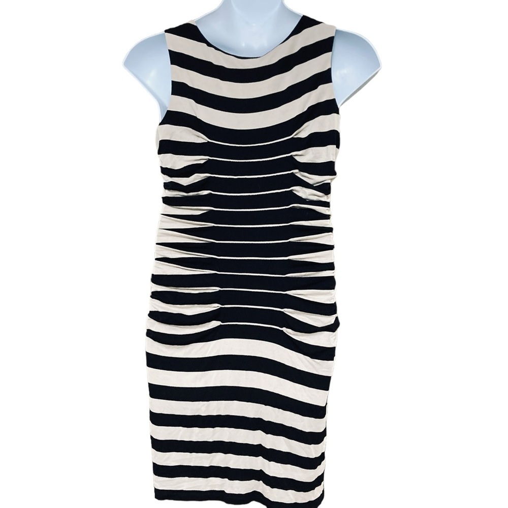 Betsey Johnson Black and Cream Striped Ruched Midi Dress Sz. 14 - Picture 5 of 6